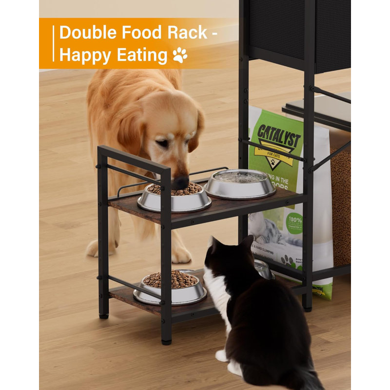 Rustic Brown Adjustable Elevated Dog Bowls with Storage Cabinet