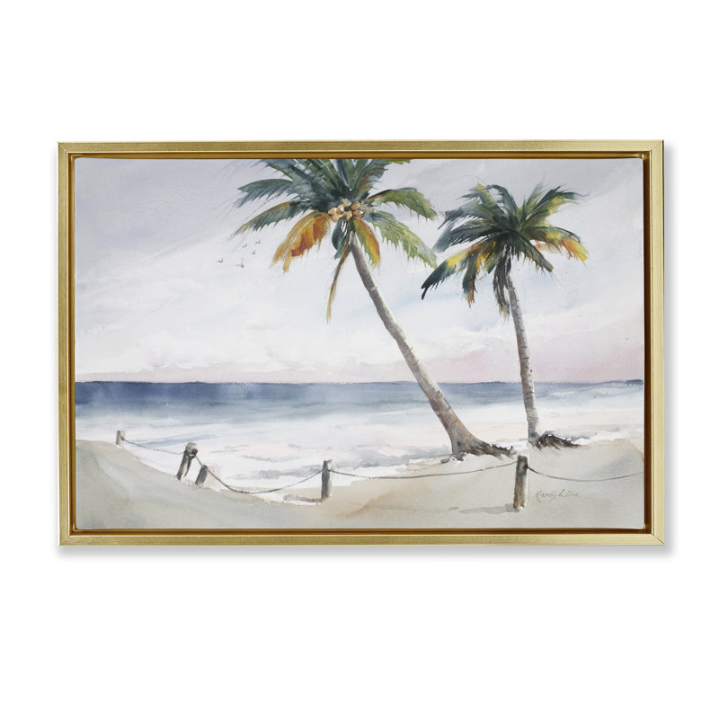 Two Palms Serene Coast Grey Framed Floater Canvas by Karin Lind, Metallic Gold Floater Frame, 21" H x 31" W