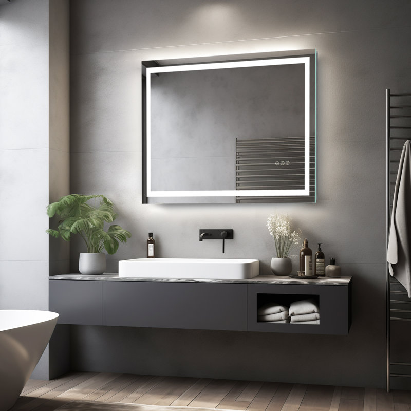Miroir de salle de bain sans cadre à DEL avec lumières, miroir de salle de bain mural avec anti-buée, multifonction, 3 lumières à intensité variable, fonction de mémoire