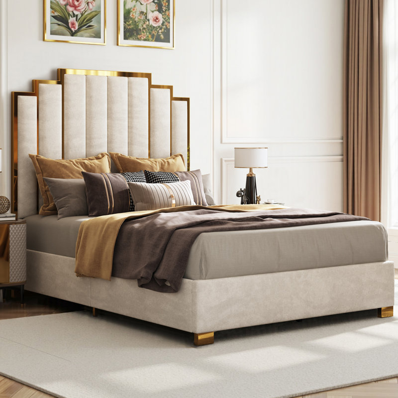 Lit plateforme tapissier très grand Duncanville, crème, Grand, Crème