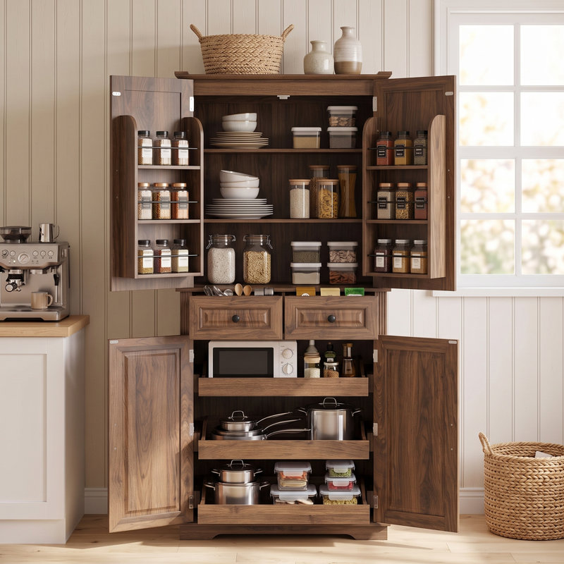 Armoire de cuisine de 180 cm de haut, de style ferme, à texture en relief, autoportante, avec 3 compartiments coulissants, 6 étagères de porte et 2 tiroirs, idéale pour la cuisine ou la salle à manger.