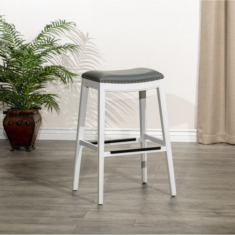 Tabouret de bar de 30 po de hauteur, finition blanche, siège en cuir gris, Siège gris / cadre blanc