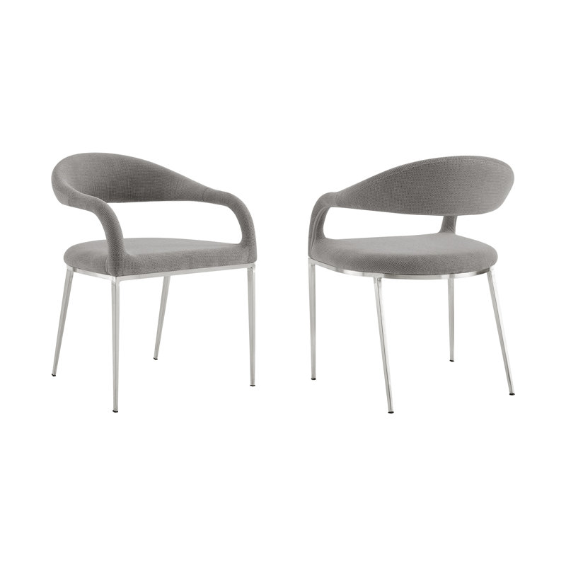 Chaise de salle à manger Miljonka avec accoudoirs et dossier bas ouvert avec structure en métal et revêtement en tissu, Gris