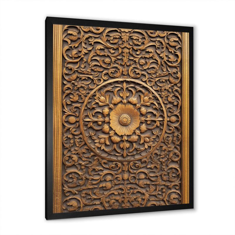 Vieille porte en bois sculpté douzième sur toile, H 20 po x l 12 po x P 1 po, Cadre simple noir