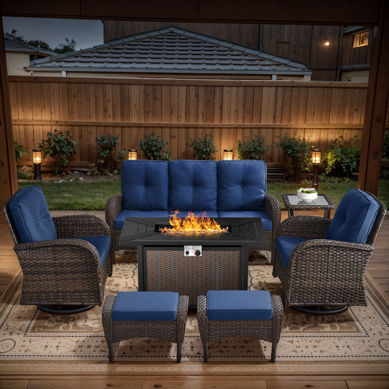 Aluel 7-Pieces Wicker Outdoor Conversation Set for 6 Person With 2 Rocking and Swivel Chairs & Fire Pit Table, Blue