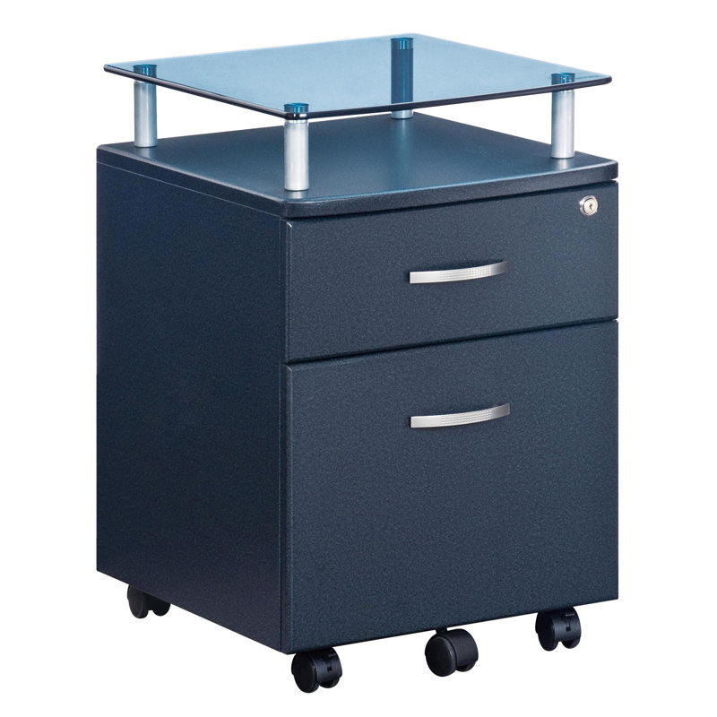 Classeur à roulettes avec plateau en verre, Bleu