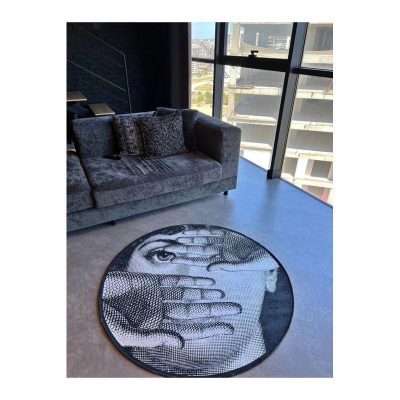 Face And Hand Themed Black And White Carpet, Round 3'4"