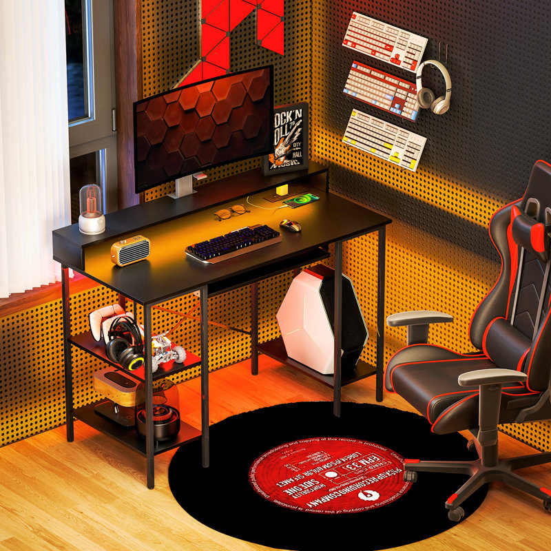 Metal Base Computer Desk with Power Outlet, Black