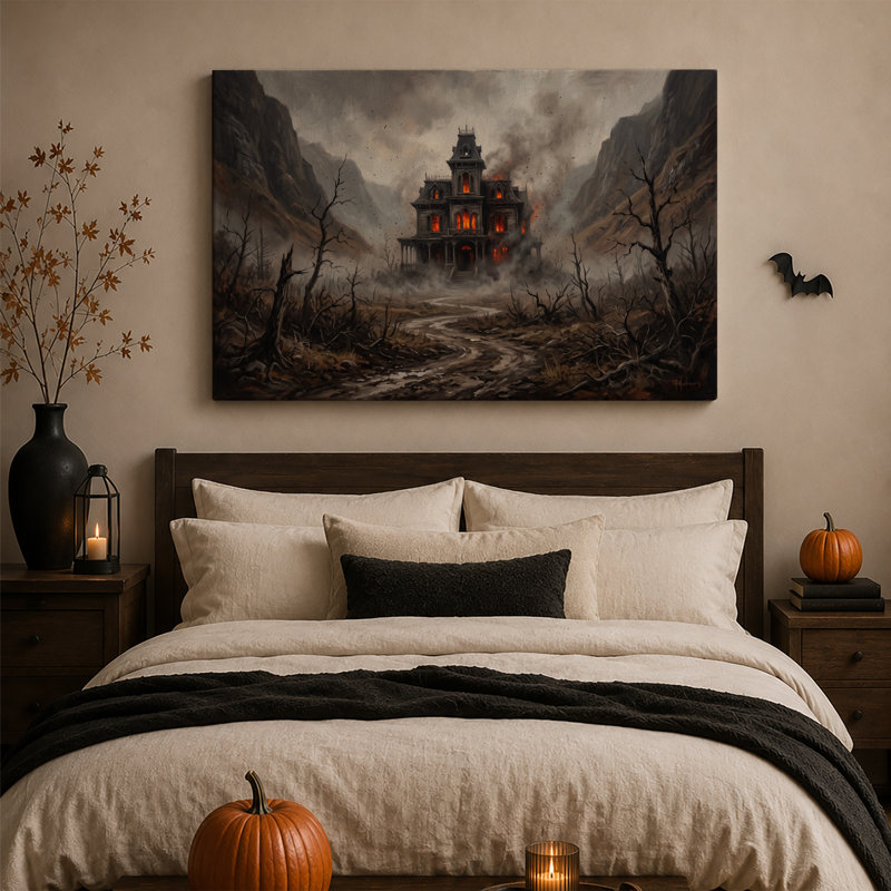 Maison hantée gothique aux fenêtres orange vif - Toile murale d'Halloween, H 28 po x l 40 po