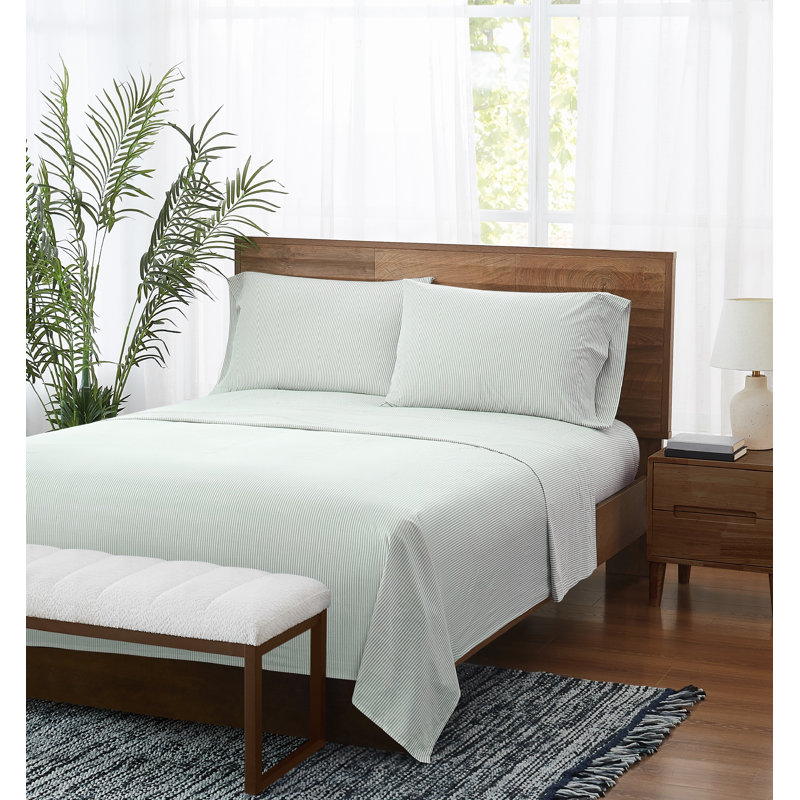Brooklyn Loom Pinstripe Sheet Set, White/Sage Green, Twin XL