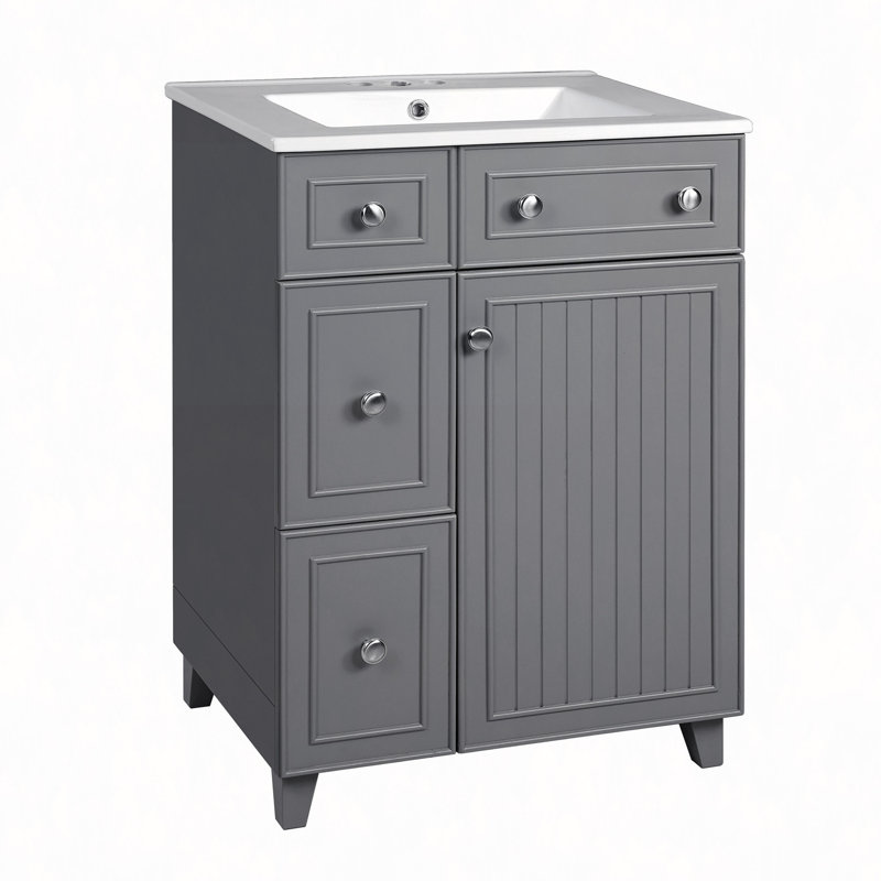 Meuble-lavabo 24 po avec lavabo en céramique, 2 tiroirs, 1 porte à fermeture en douceur, Gris