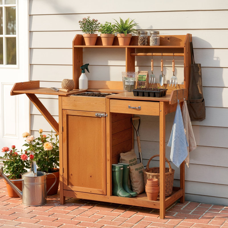 Scots Pine Outdoor Potting Bench with Removable Stainless Steel Sink, Sliding Side Tabletop, Storage Cabinet & Drawer, Garden Planting Workstation with Tool Hooks