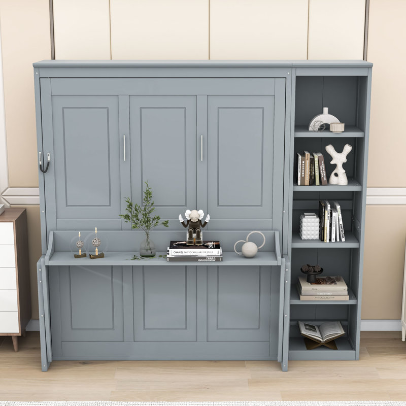 Lit escamotable en bois avec tablettes de rangement et bureau, Gris, Grand