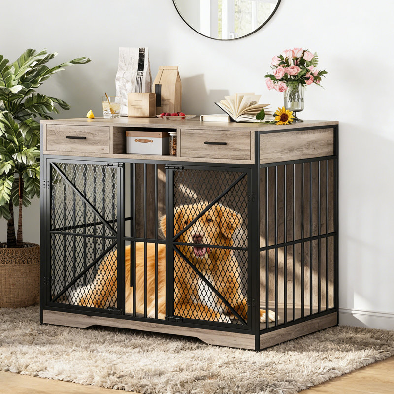 Meuble de rangement pour chien de 44 pouces pour grandes races moyennes, chenil pour chien de style Funiture avec tiroirs de rangement et structure en acier robuste, table de bout avec cage pour animaux de compagnie, brun