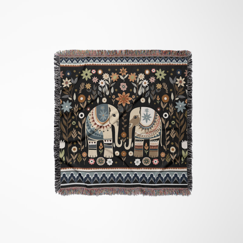Jeté en mélange de coton Cece Elephant, L 60 po x l 60 po, Noir / bleu / beige