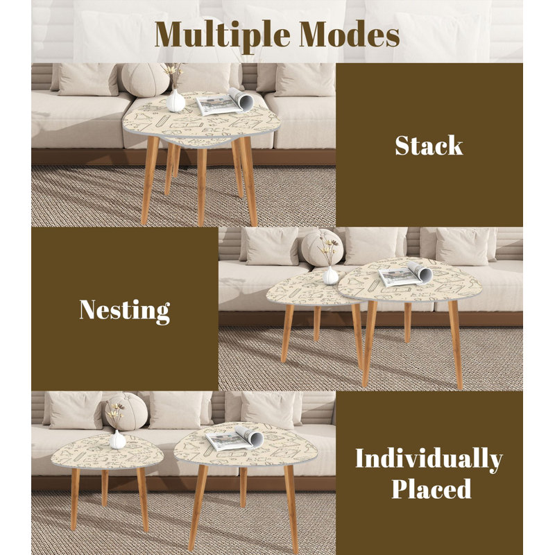 Triangle Nesting Coffee Table Set of 2 Hand drawn seamless board game cards chess hourglass chips dice End Table Modern Minimalist Side Table Set for Living Room Bedroom