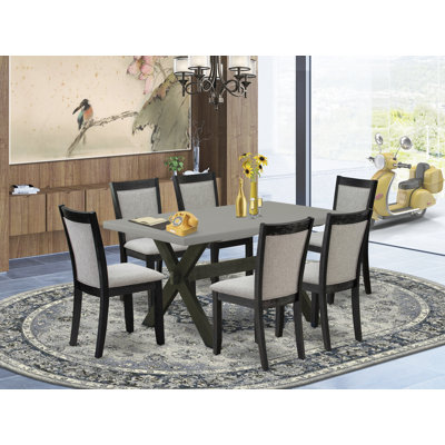 7 Piece Dining Room Furniture Set Consist of a Rectangle Dining Table with X-Legs and 6 Shitake Linen Fabric Parsons Chairs, Wire brushed Black