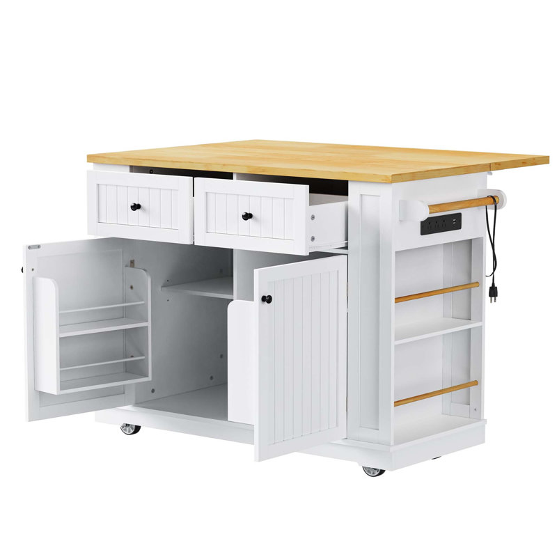 48" Kitchen Island With Drop Leaf, Power Outlet, Internal Storage Rack & 5 Open Side Racks(Not Include Stools), White
