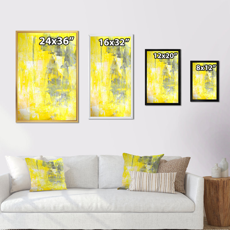 Gris et jaune fusionnant abstrait V - Peinture sur toile, H 36 po x l 24 po x P 1 po, Cadre flottant blanc