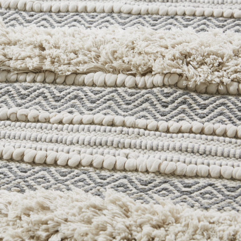 Asher Natural and Gray Cotton Blend Striped Bath Rug