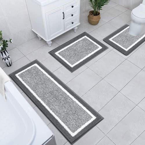 Ultra Soft 3-Piece Set Rectangle Bath Rug, Dark Grey