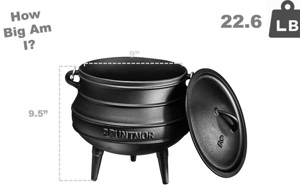 Bruntmor 10 Quarts Pre-Seasoned Cauldron Cast Iron Potjie Pot, 10