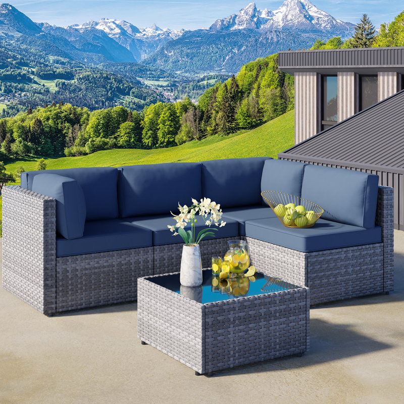 Proa 5-Piece Outdoor Rattan Patio Furniture Set, Navy Blue