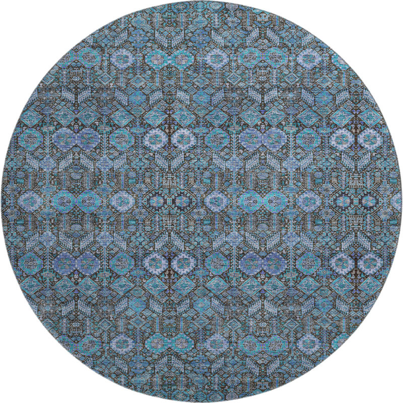 Premium Machine Washable Cerrito AMF574 Teal Rug, Round 8'