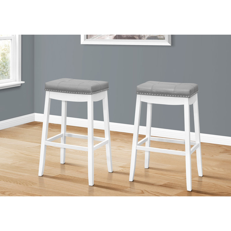Of Two Bar Stools, Height Saddle Seats, White Wooden Structure With Grey Leather-Like Upholstery, Relaxing Seat Cushions 2 Stool , Wood Fabric Soft And Comfortable Seating