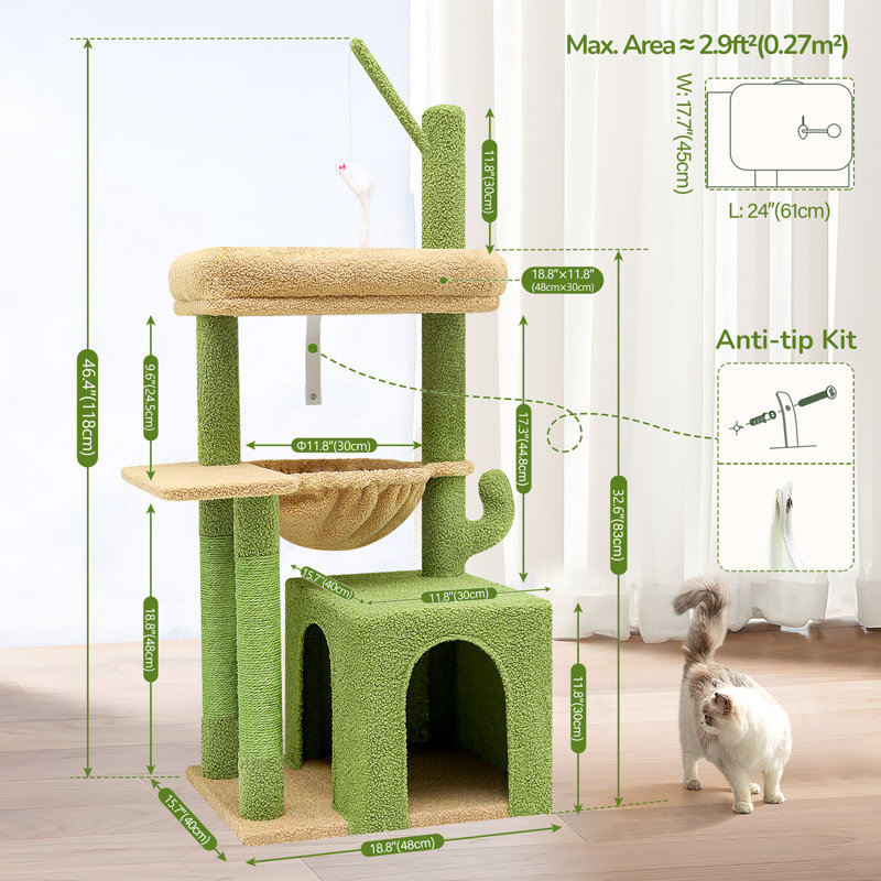 Cactus Cat Tree Tower - Sturdy Cat Condo With Scratching Posts, Hammock, And Anti-Tip Kit For Small Spaces And Large Cats