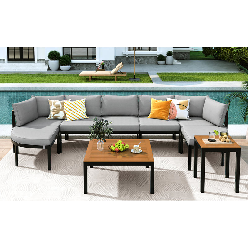 Canapé modulaire moderne gris pour le jardin - Structure en fer, coussins imperméables, 8 sièges, mobilier d'extérieur polyvalent pour terrasse et jardin modulaire