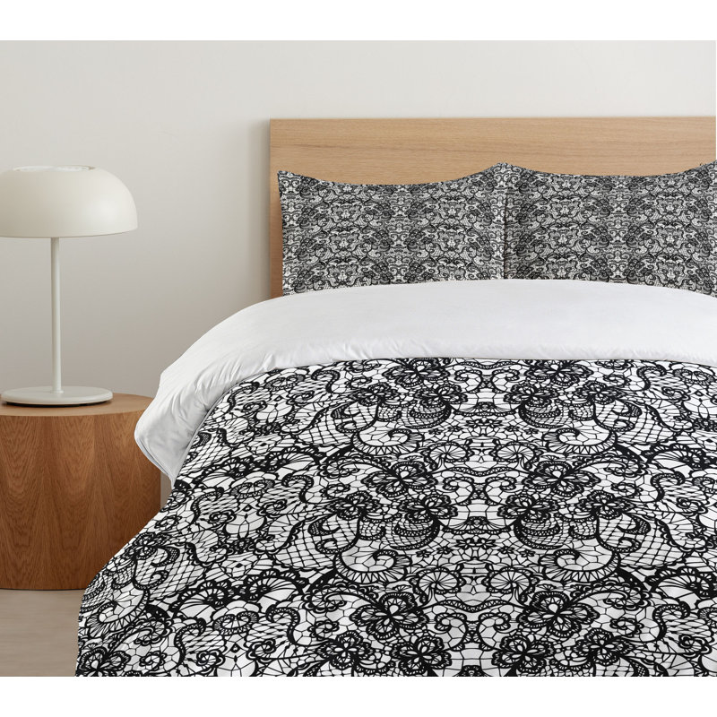 Victorian Black and White Microfiber Duvet Cover Set with Pillow Shams
