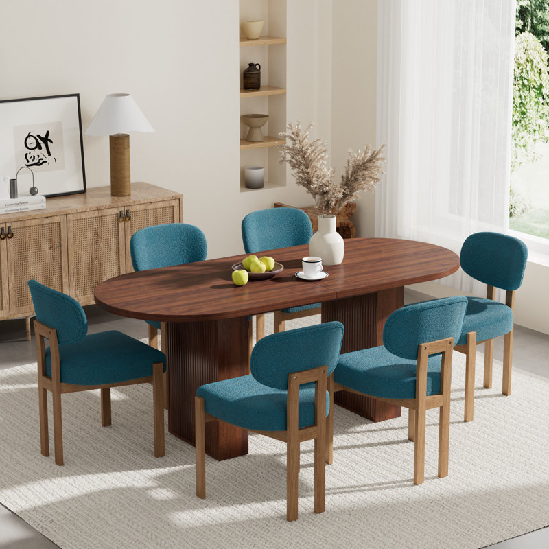 Ensemble de table de cuisine ovale à double piédestal, Noyer, 7 pièces: table, 6 chaises, Beige