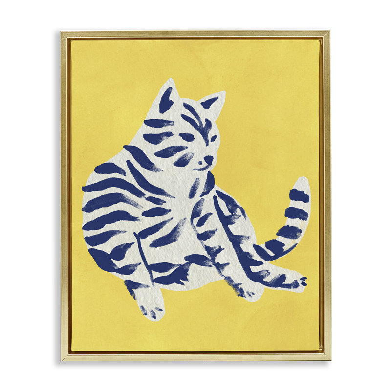 Chat brillant unique sur cadre flottant jaune, design par June Erica Vess, H 31 po x l 25 po, Cadre flottant métallique doré
