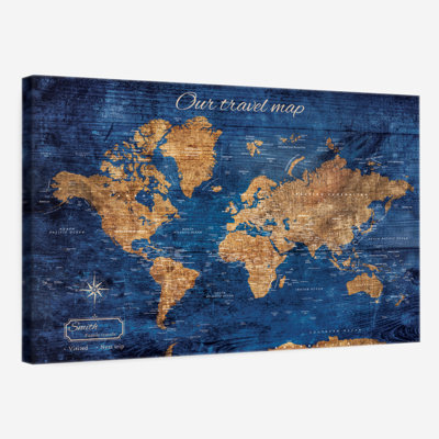 Personalized Our Travel Story Push Pin World Map - Horizontal Canvas - Living Room Wall Decor - Digital Map Canvas Art - Brown And Blue Decor - 60" x 40"