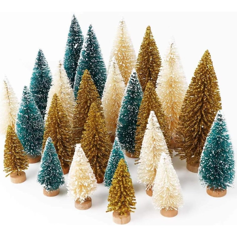 24 pièces de sapins de Noël en forme de bouteille avec base en bois, arbres de village de Noël pour les décorations de Noël de table