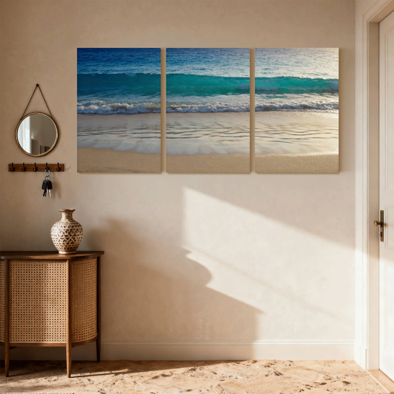 Plage, océan, vagues, plage, sable, coucher de soleil, ciel, horizon, eau, ensemble de 3 impressions sur toile