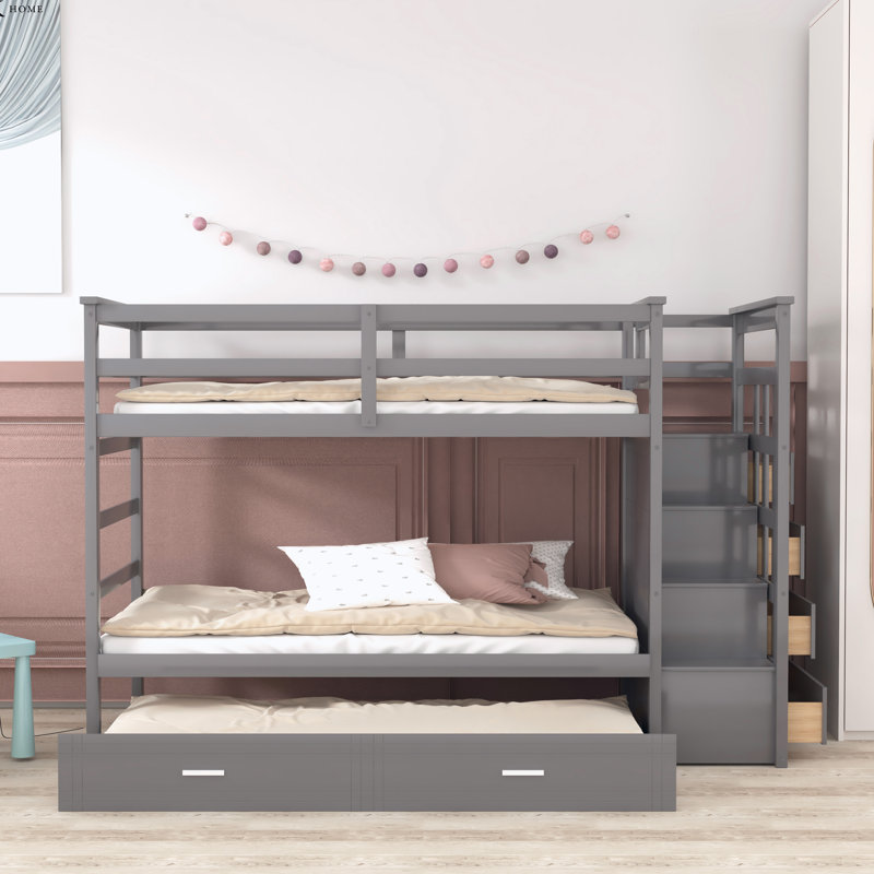 Felipita Kids Twin Over Twin Bunk Bed with Trundle with Drawers, Gray
