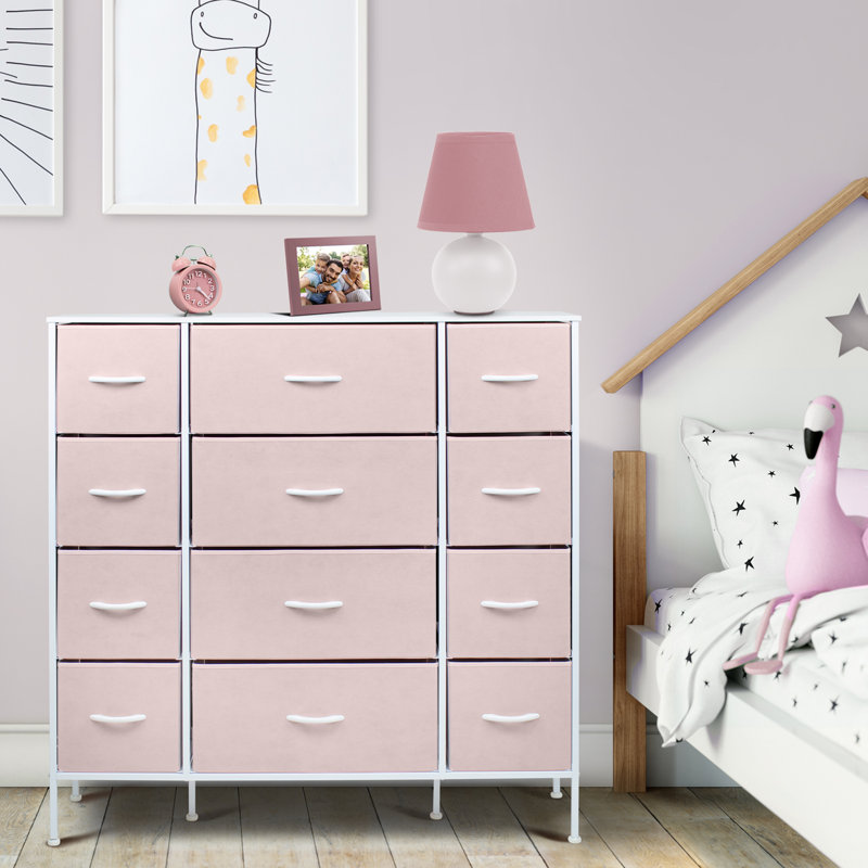 Playful Pink 12-Drawer Nursery Dresser with Easy Levelers