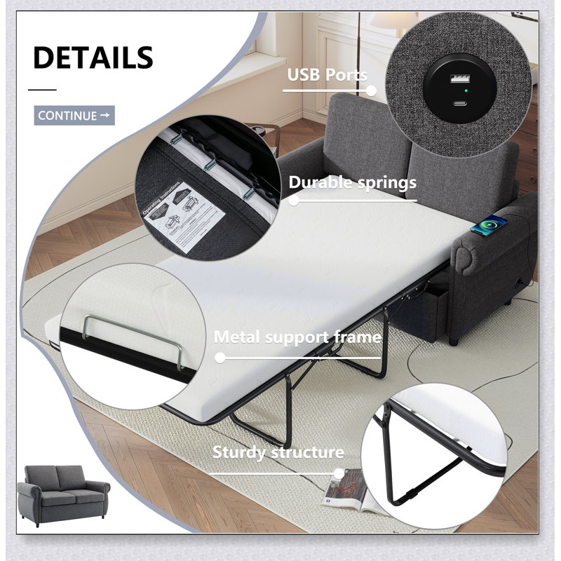 Canapé-lit compact en mousse à mémoire de forme avec structure en acier robuste et tissu en lin respirant pour plus de confort et de durabilité