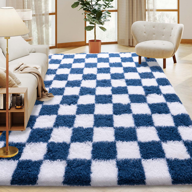 Checkered Fluffy Rug 6x9 Ft Washable Shaggy Fluffy Rug for Bedroom Living Room Plaid Runner Rug Fuzzy Shag Carpet Non-Slip for Kids Toddler Room Nursery Playroom