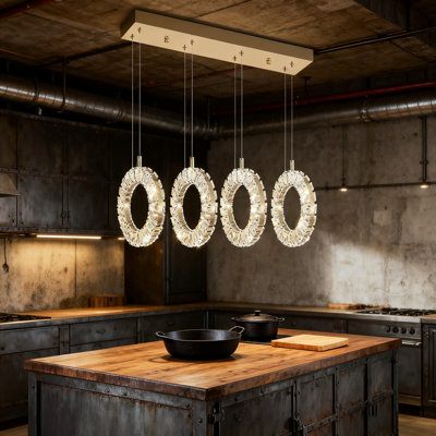 4-Ring Rectangle LED Pendant Light For Kitchen Island, Dimmable Crystal Chandelier With Remote Control For Dining Room Living Room Modern Lighting