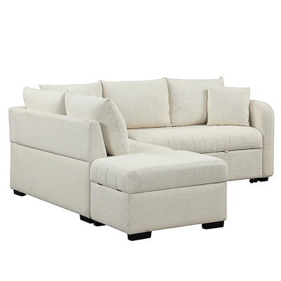 82.6" L-shaped pull-out sofa bed with two USB ports, two power outlets, and a movable storage footstool, in beige