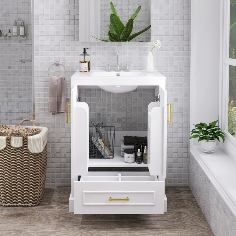 Meuble-lavabo autoportant moderne avec lavabo en céramique, Blanc, 24"