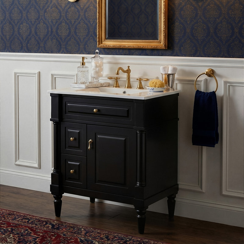 24" Freestanding Bathroom Vanity With Ceramic Sink, Solid Wood Frame, Flip Drawer & Door Rack Storage, Black