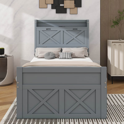 Wooden Bed With Storage Headboard Including Electrical Outlets