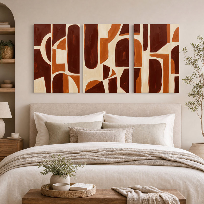 Ensemble de 3 toiles murales abstraites aux formes géométriques brunes et crème, H 30 po x l 20 po x 3 pièces
