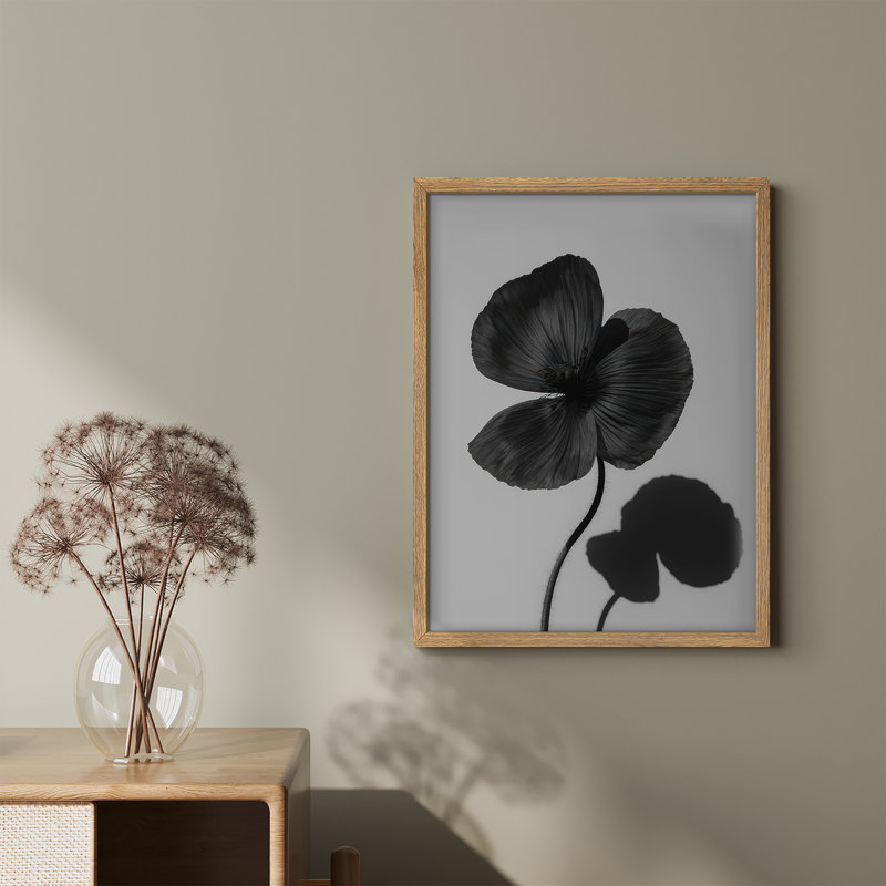 Art mural encadré monochrome fleur de coquelicot - Illustration botanique noir et blanc avec ombre, œuvre d'art moderne et élégante pour le décor d'une chambre ou d'un salon