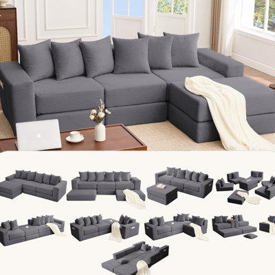 Nouveau canapé d'angle convertible 101, en velours côtelé, forme en L, 4 places, gris foncé, 6 coussins, poche latérale, livré sans montage, idéal pour le bureau. Canapé d'angle modulaire en velours côtelé, forme originale, jeté de canapé, design moderne pour salon.