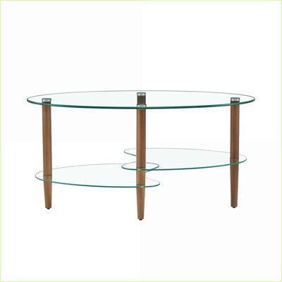 Table basse transparente ovale en verre pour le salon, pieds en chêne à 3 couches, facile à nettoyer et amp; Capacité de 220 lb